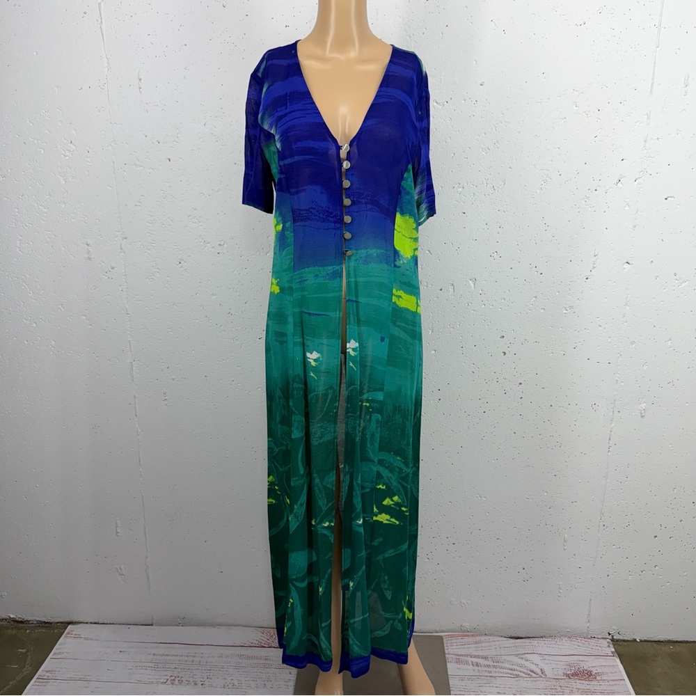 Vintage Caroline Rohmer UK size 12 US 8 Blue Green Sheer Swim Cover Up